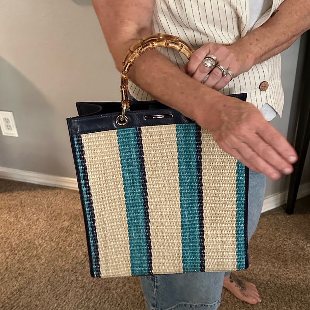 Elegant Blue and Cream Striped Tote with Bamboo Handles